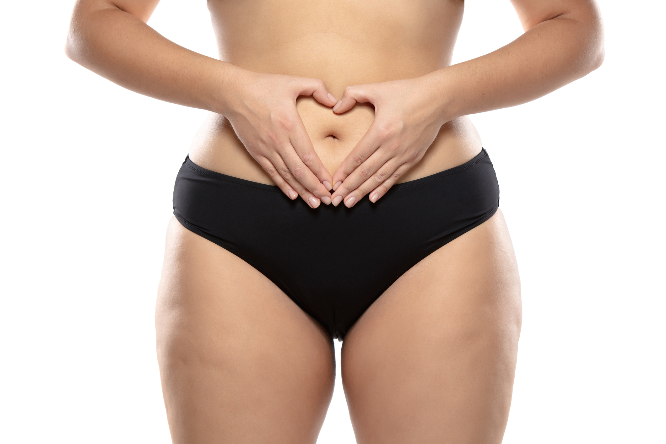 Love herself. Overweight woman with fat cellulite legs and buttocks, obesity female body in black underwear isolated on white background. Orange peel skin, liposuction, healthcare and beauty treatment.