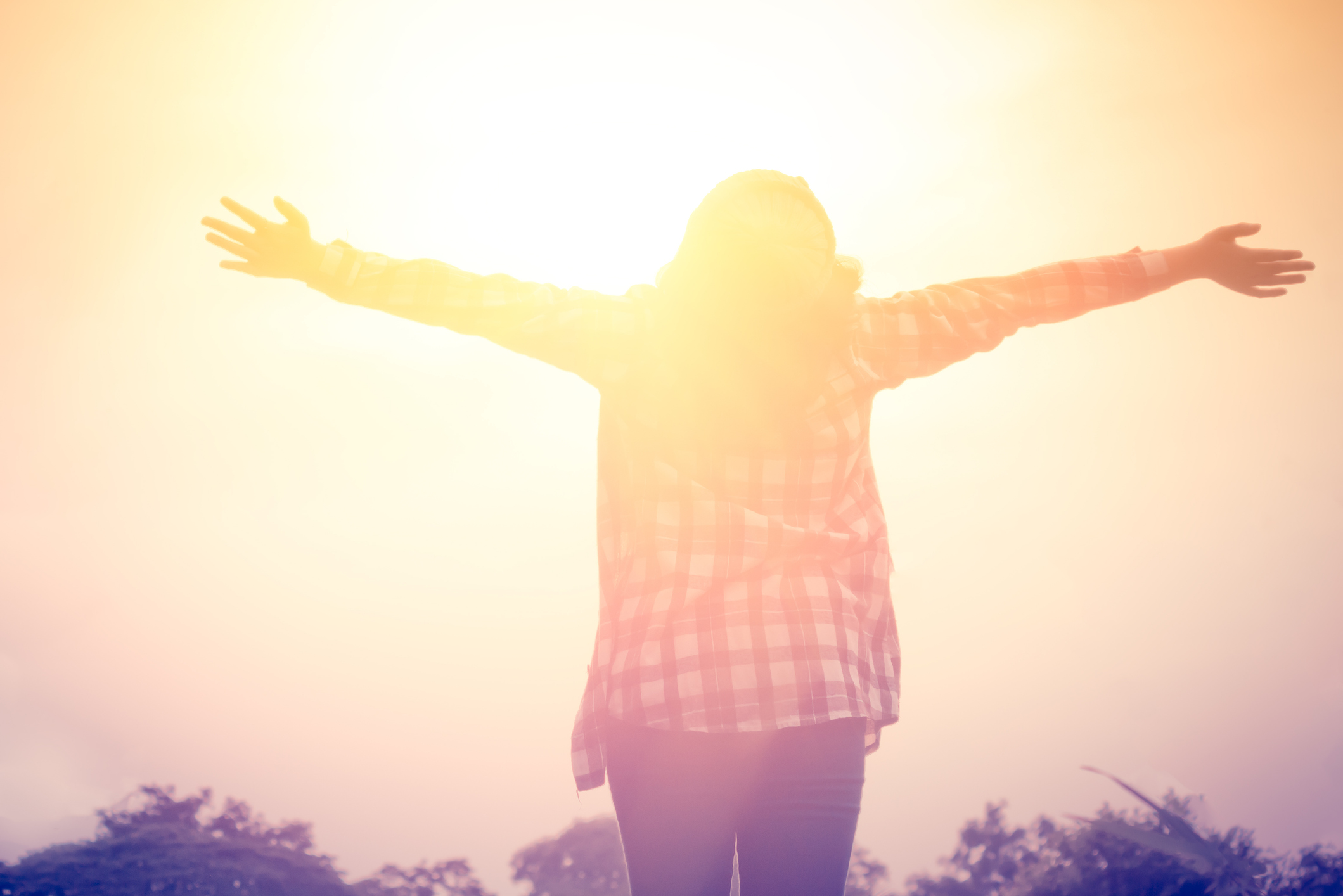 silhouette of a happy woman and sunset in the park silhouette of a happy woman and sunset in the park