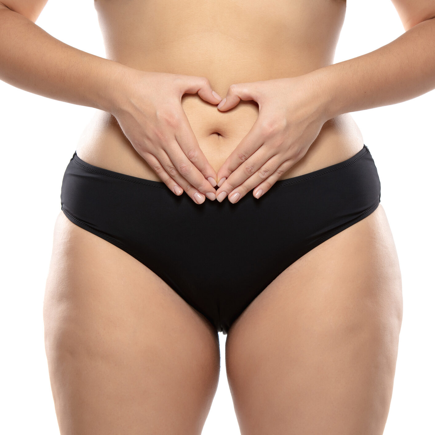 Love herself. Overweight woman with fat cellulite legs and buttocks, obesity female body in black underwear isolated on white background. Orange peel skin, liposuction, healthcare and beauty treatment.